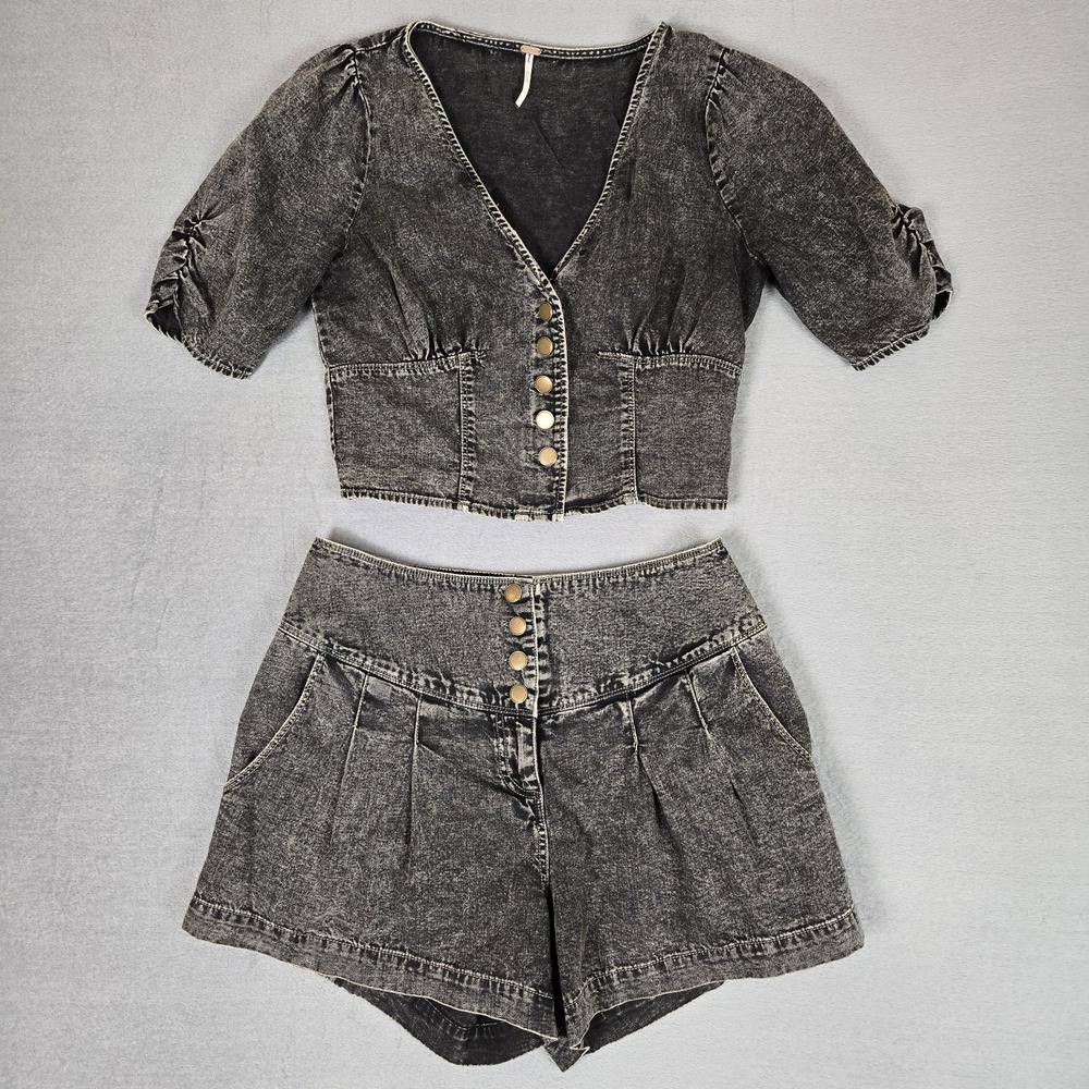 Free People Twice As Nice Summer Top & Shorts Set Womens 8 Denim Black